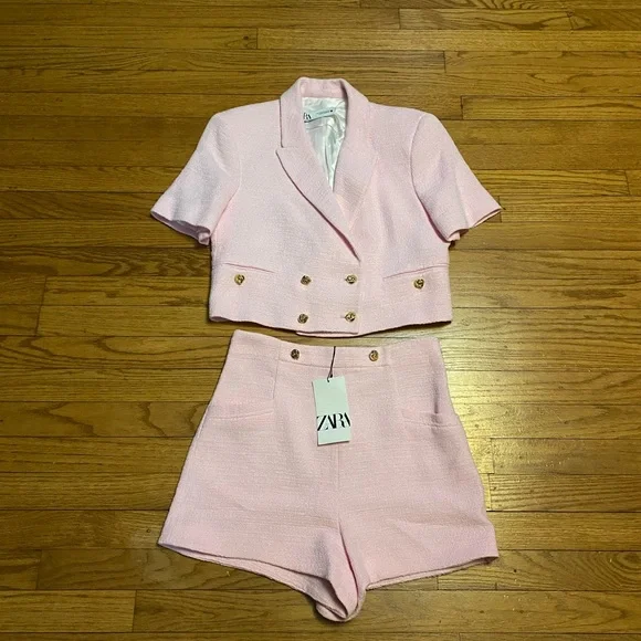 NWT ZARA Pink Tweed Cropped Blazer and Shorts Set Blogger Favorite